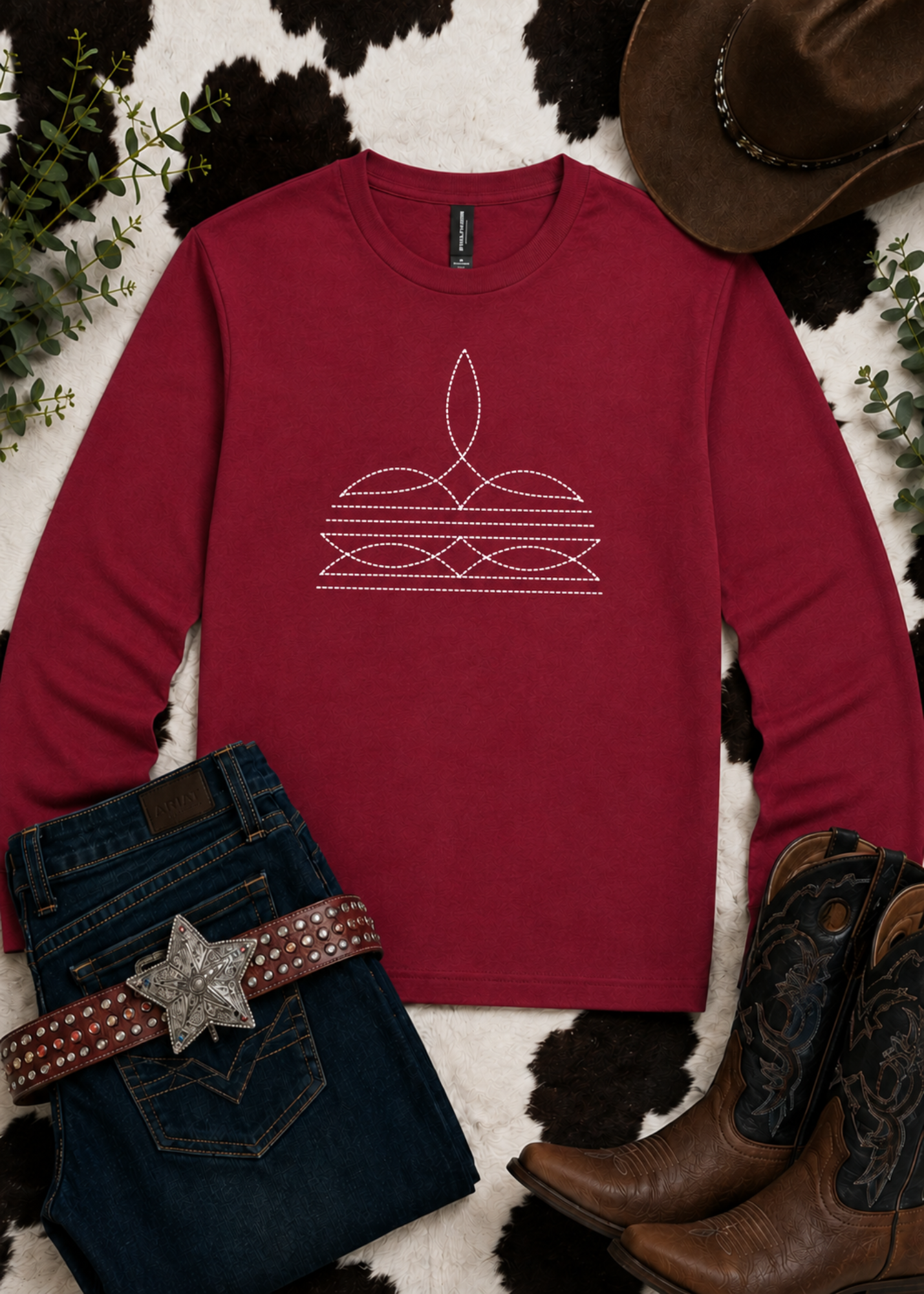 White Boot Stitch Long Sleeve Graphic Tee tcc graphic tee The Cinchy Cowgirl