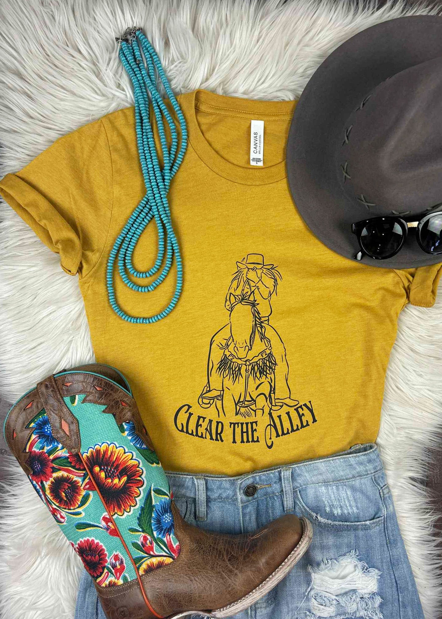 Mustard Clear the Alley Short Sleeve Shirt tcc graphic tee The Cinchy Cowgirl