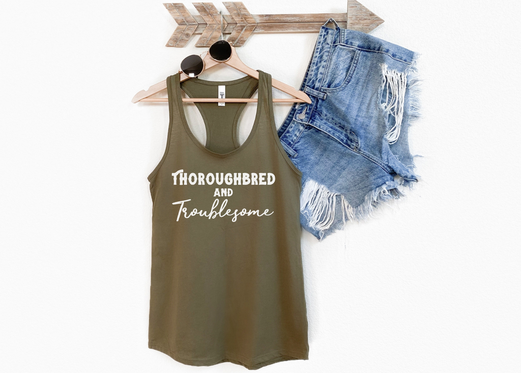 Thoroughbred & Troublesome Racerback Tank Horse Color Shirts Printify   