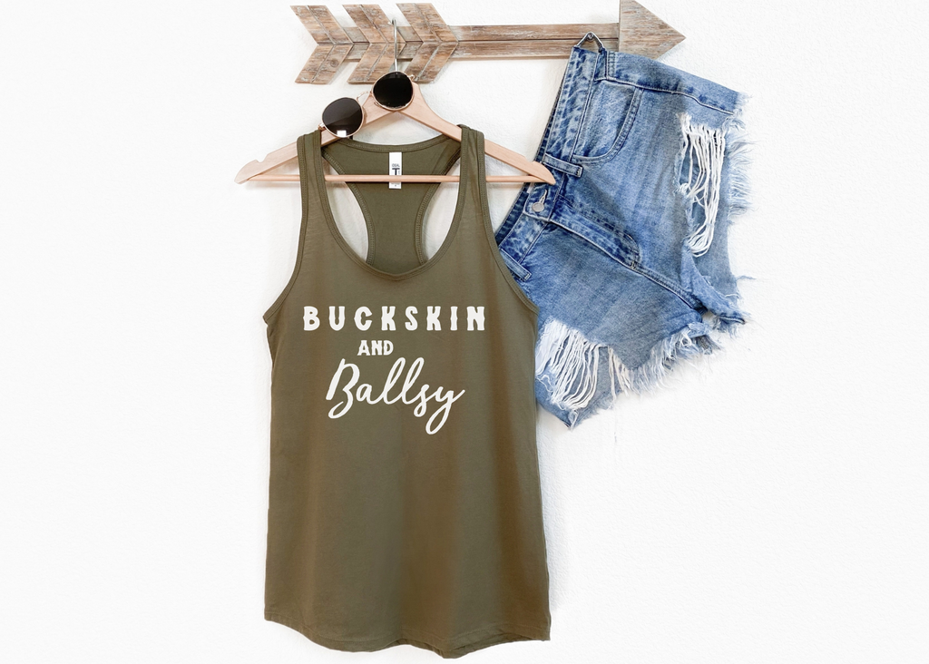 Buckskin & Ballsy Racerback Tank Horse Color Shirts Printify   