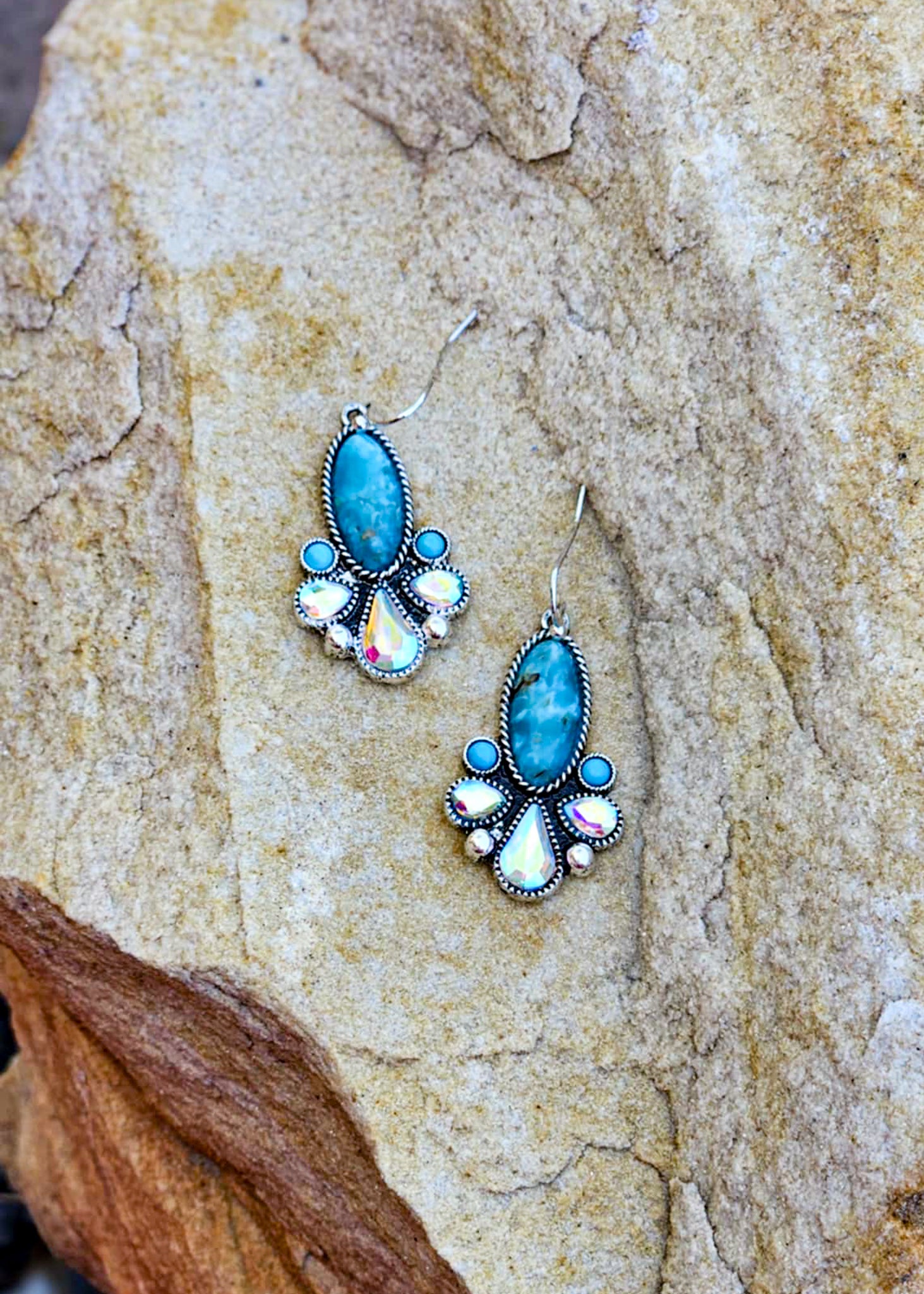 Oval Stone & Jewel Dangle Earrings Earrings Blue Tortoise