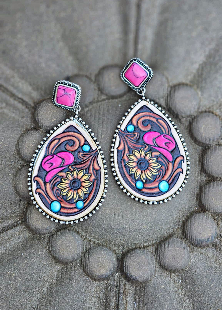 Pink Stud Flower Leather Stud Earrings Earrings Blue Tortoise