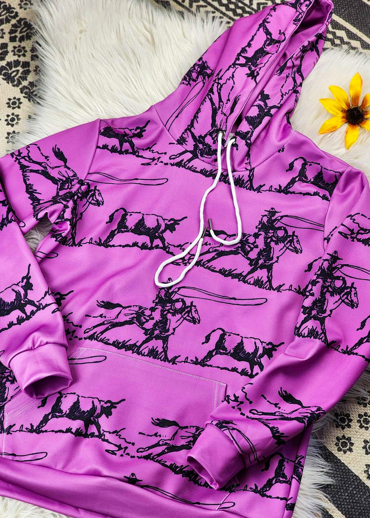 Pink Ranch Roper Hoodie Women's Pullover Hoodie With Drawstring The Cinchy Cowgirl (YC)   