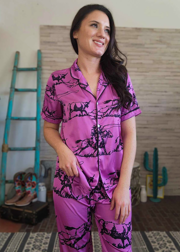 Pink Ranch Roper Silky Pajamas pajamas The Cinchy Cowgirl (YC) S  