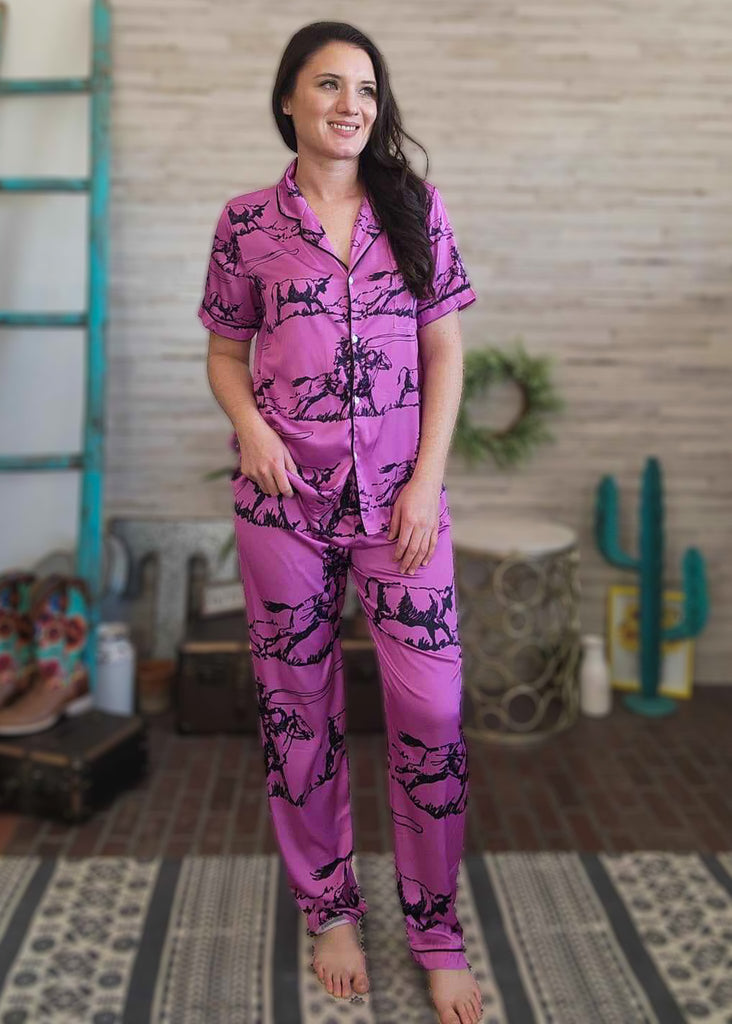 Pink Ranch Roper Silky Pajamas pajamas The Cinchy Cowgirl (YC)   
