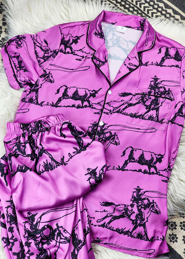 Pink Ranch Roper Silky Pajamas pajamas The Cinchy Cowgirl (YC)   