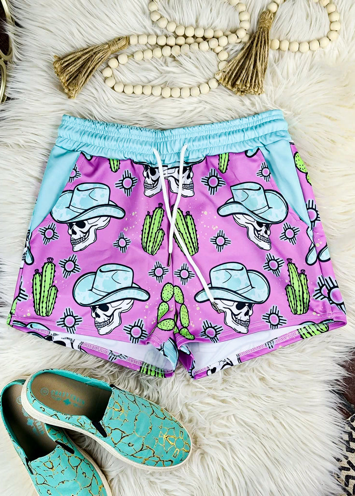 Pink Zia Skull Drawstring Shorts drawstring shorts The Cinchy Cowgirl (YC) XS  