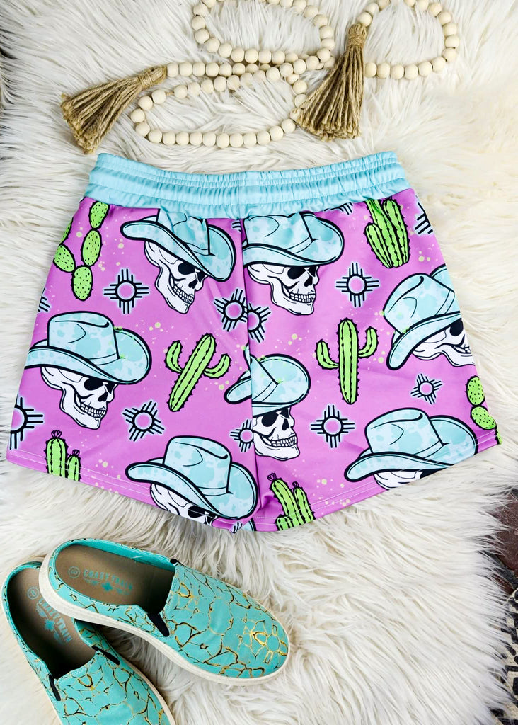 Pink Zia Skull Drawstring Shorts drawstring shorts The Cinchy Cowgirl (YC)   