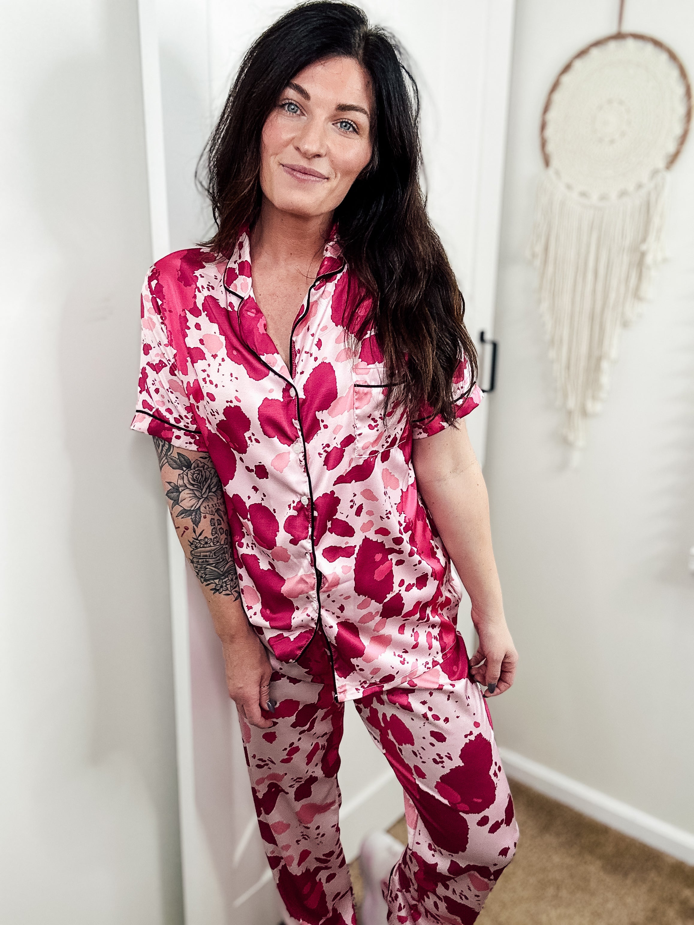 Pink Cowprint Silky Pants Pajamas pajamas The Cinchy Cowgirl (YC)