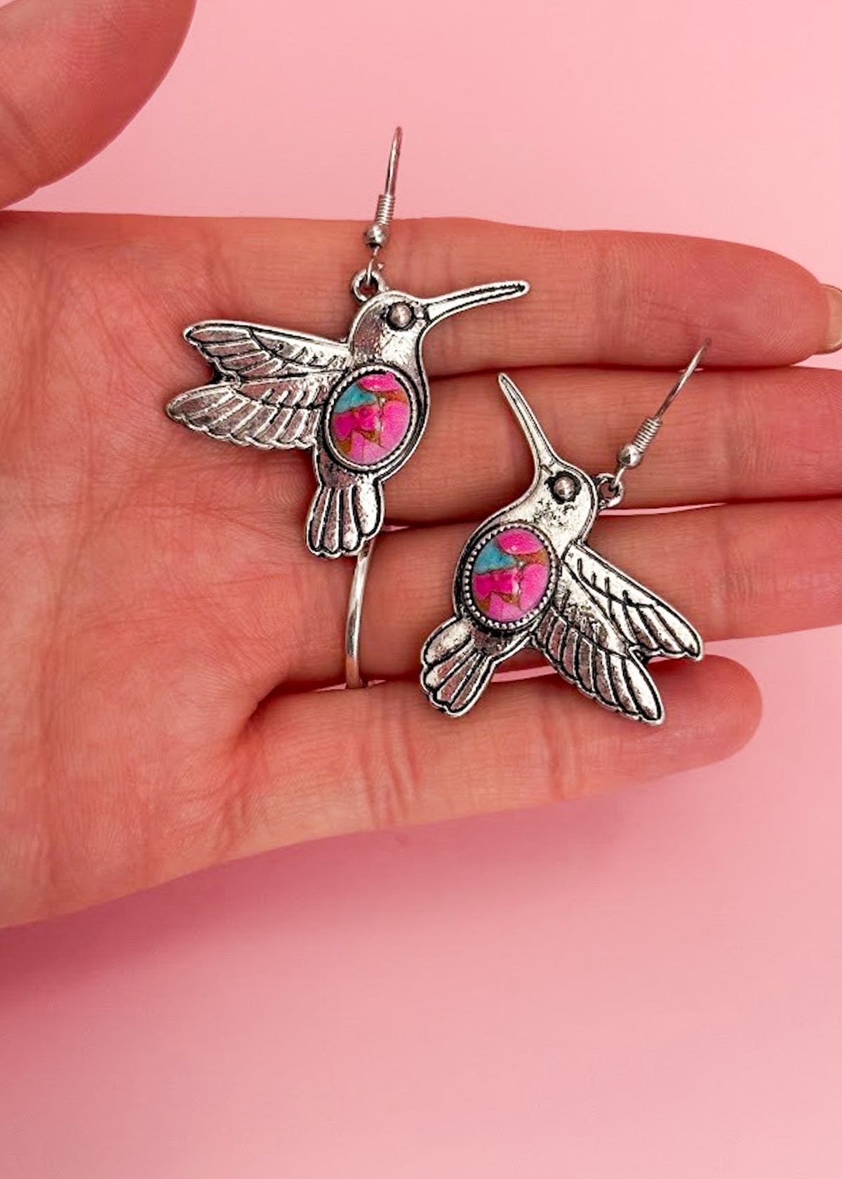 Pink & Turquoise Hummingbird Earrings Earrings The Cinchy Cowgirl (BT)
