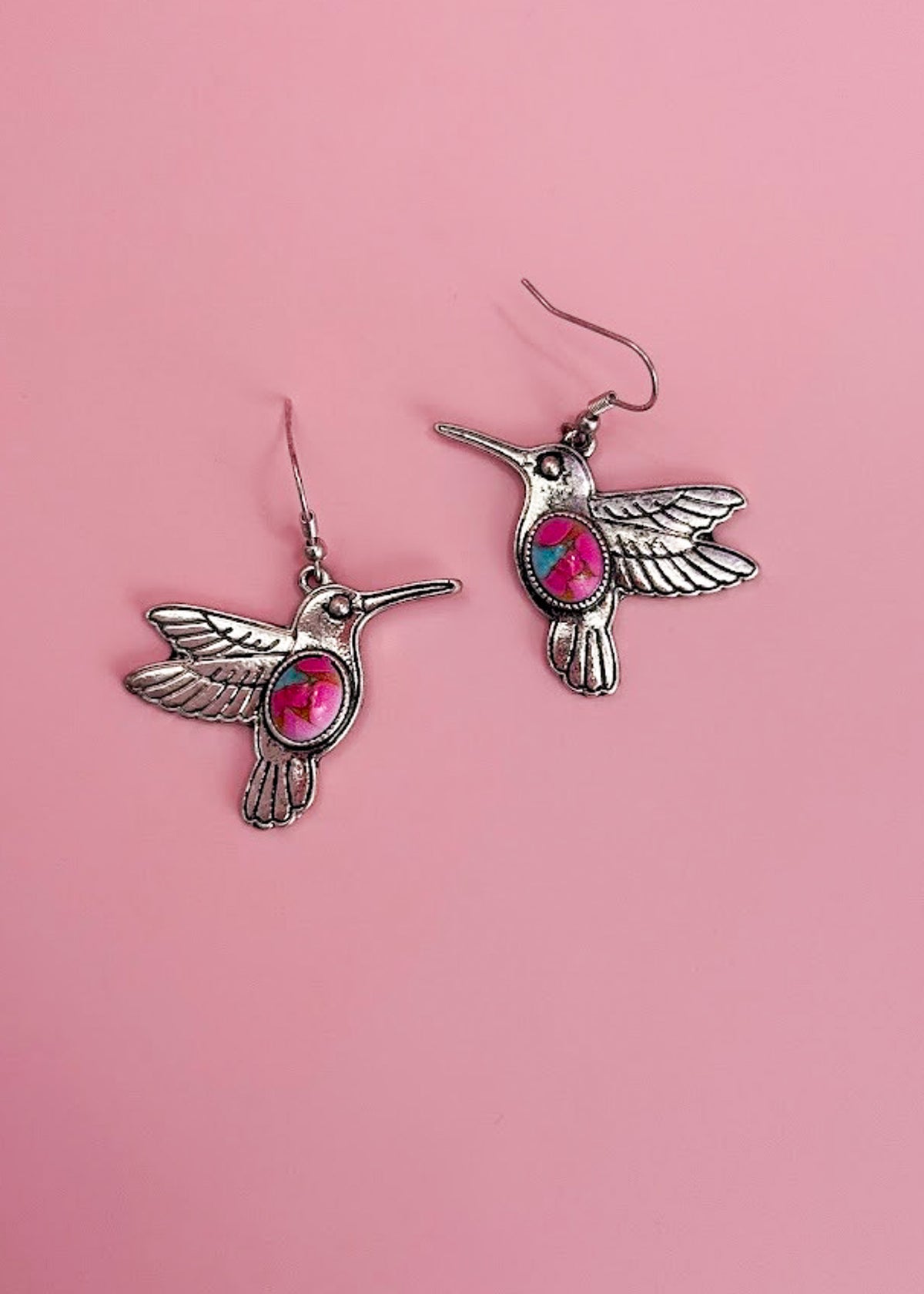 Pink & Turquoise Hummingbird Earrings Earrings The Cinchy Cowgirl (BT)
