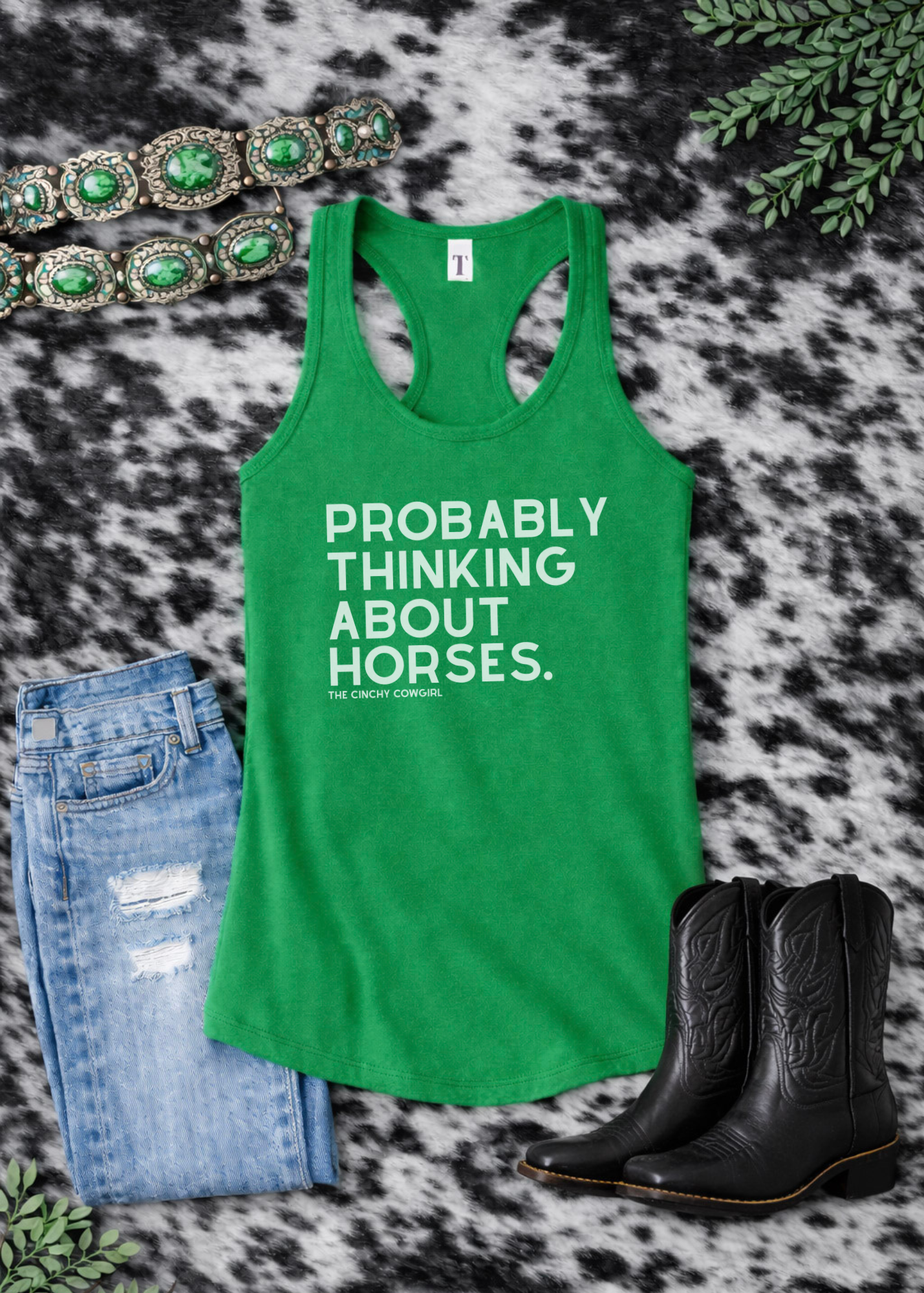 Probably Thinking About Horses Tank Top graphic tank The Cinchy Cowgirl - Print