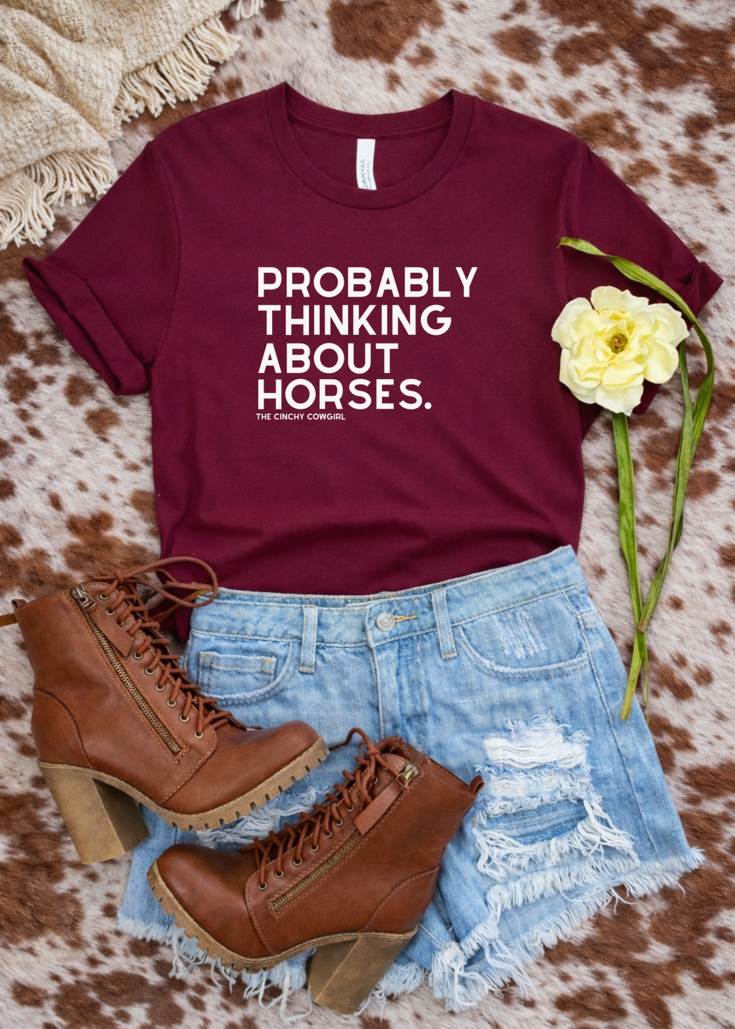 Probably Thinking About Horses Short Sleeve Tee Graphic Tee The Cinchy Cowgirl - Print