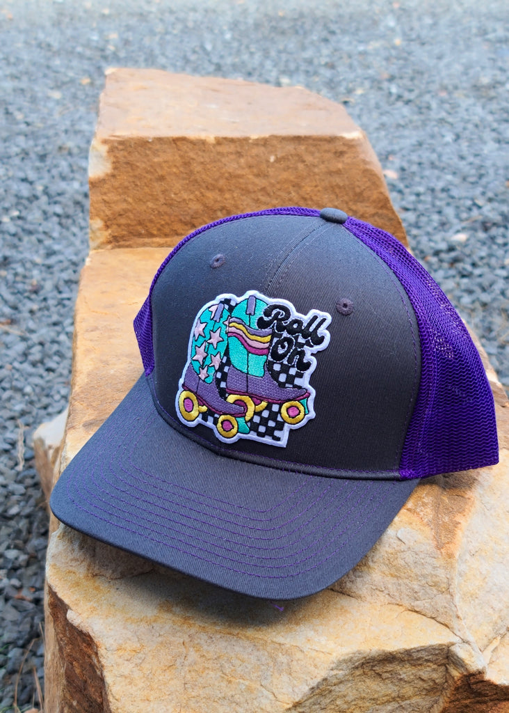 Roll On Skate Patch Purple Trucker Hat patch trucker hat The Cinchy Cowgirl