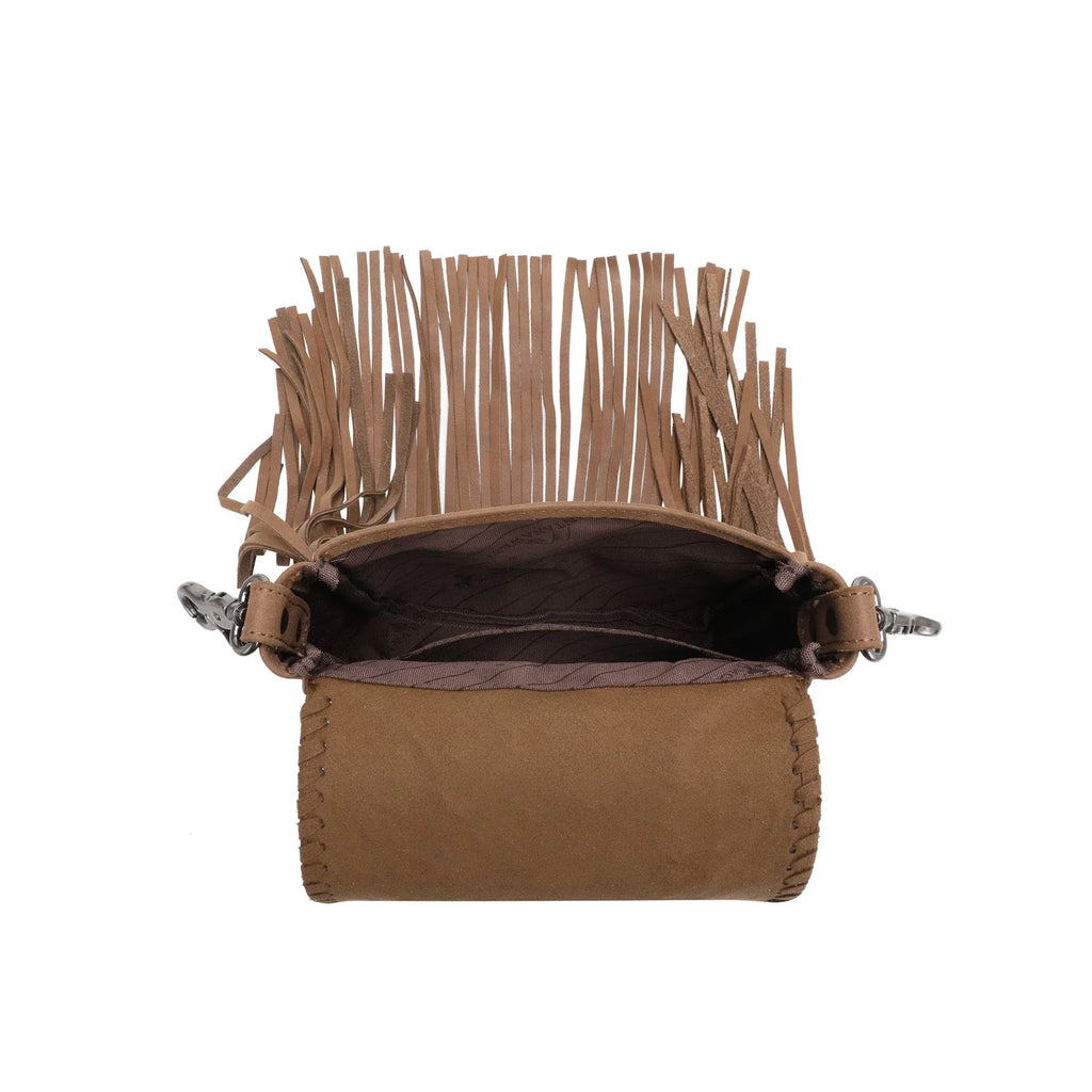 Interior of genuine leather bag visible. One open pocket is seen with cloth interior.