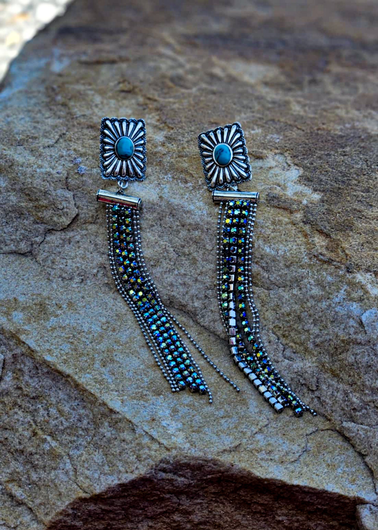 Concho Stone Tassel Stud Earrings Earrings Blue Tortoise