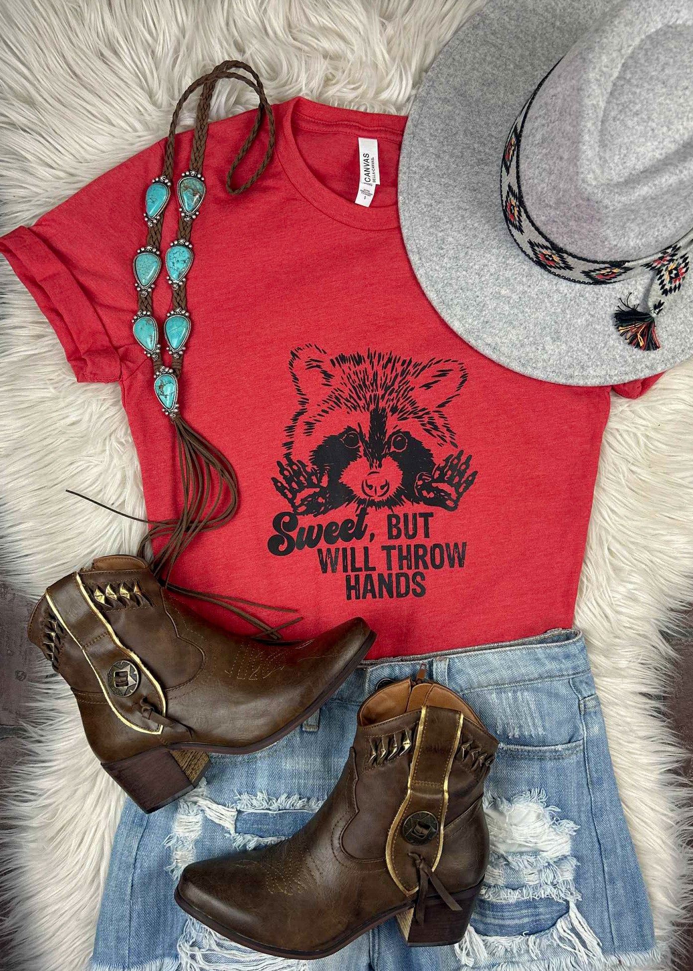 Red Sweet But Will Throw Hands Short Sleeve Shirt tcc graphic tee The Cinchy Cowgirl