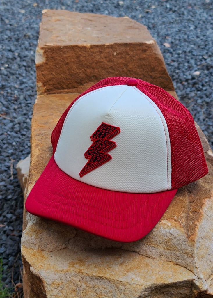 Red Leopard Lightning Bolt Patch Trucker Hat patch trucker hat The Cinchy Cowgirl