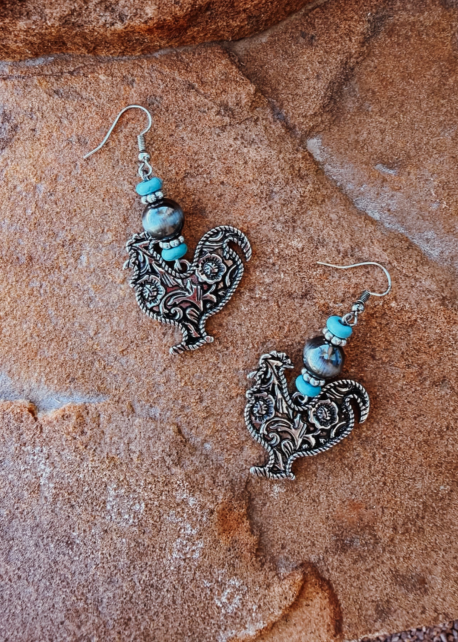 Rooster Dangle Earring Earrings Blue Tortoise