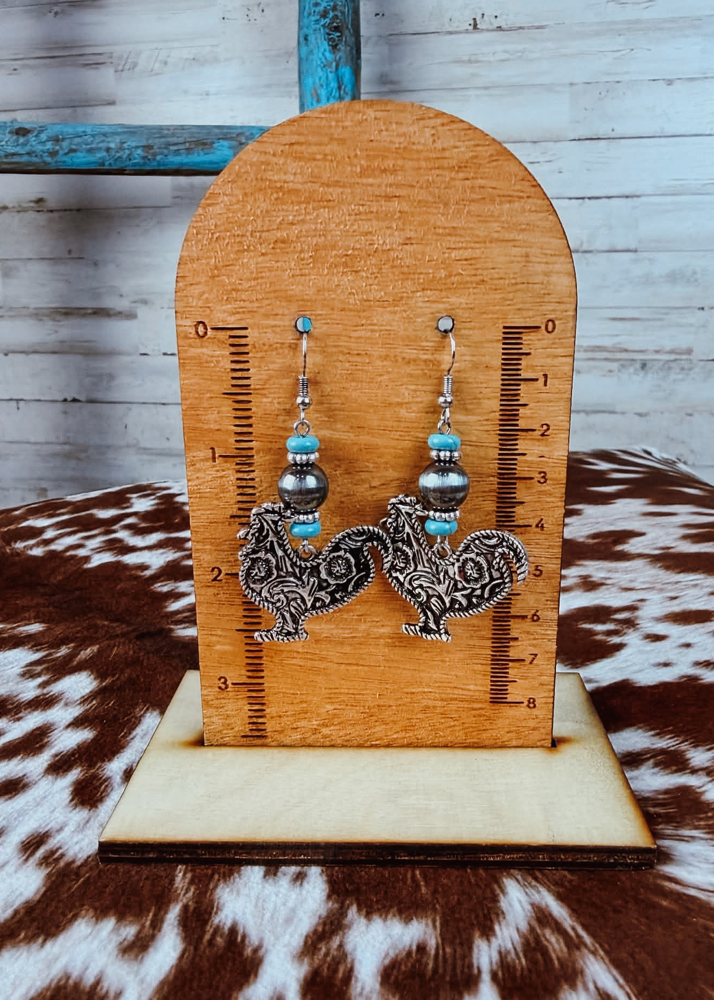 Rooster Dangle Earring Earrings Blue Tortoise