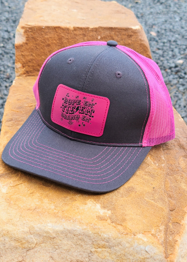 Hot Pink And Dark Grey Rope~Em, Tie~Em, Brand~Em Patch Snapback Pink Trucker Hat trucker cap The Cinchy Cowgirl