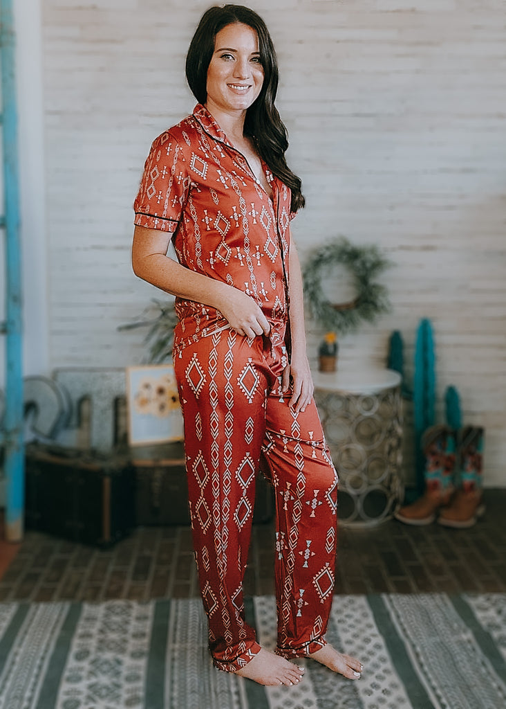 Rust Aztec Southwestern Silky Pajamas pajamas The Cinchy Cowgirl (YC)   