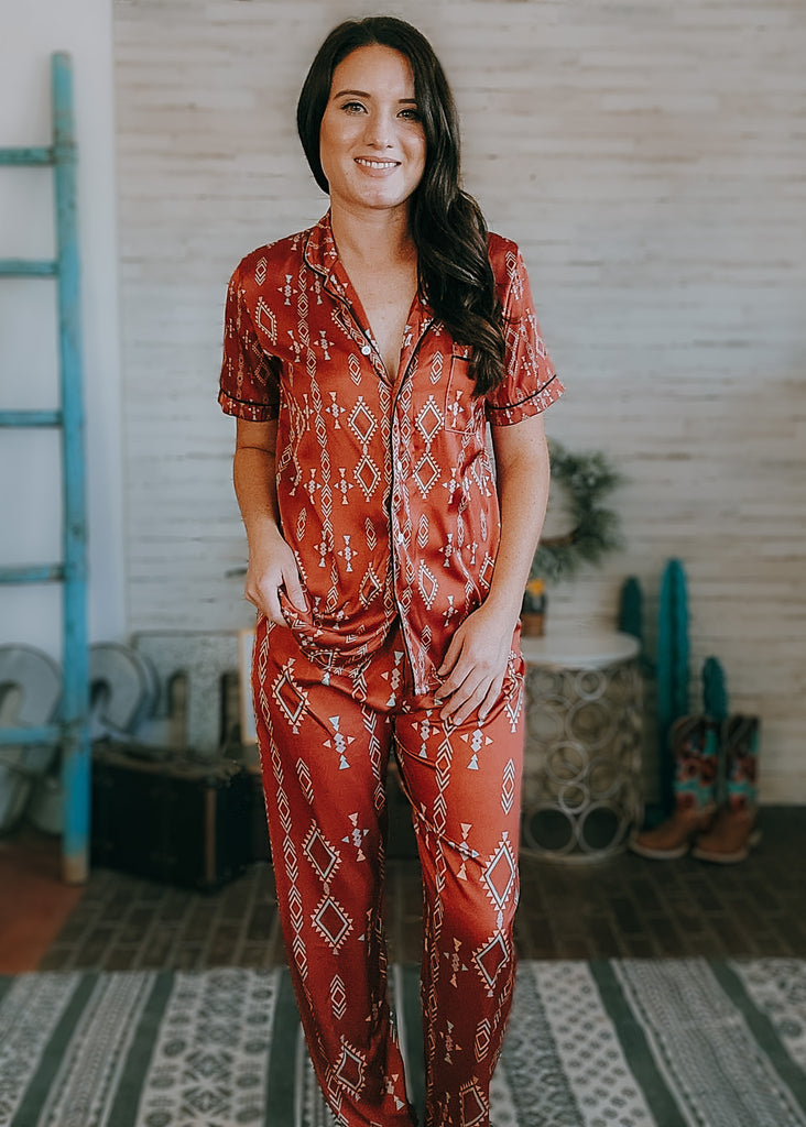 Rust Aztec Southwestern Silky Pajamas pajamas The Cinchy Cowgirl (YC)   