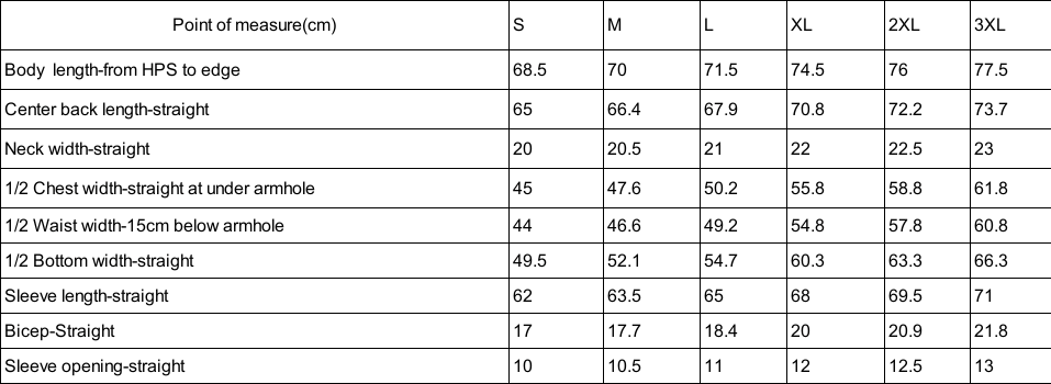White size chart with black lettering reading sizes small to 3XL. 