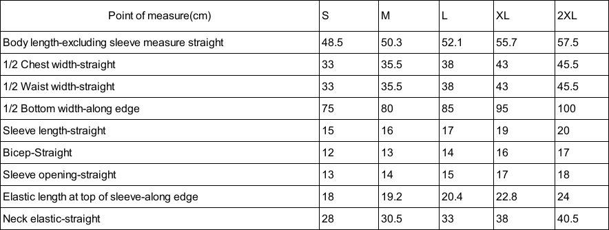 White chart with black lettering reading measurements in centimeters from small to 2XL. 