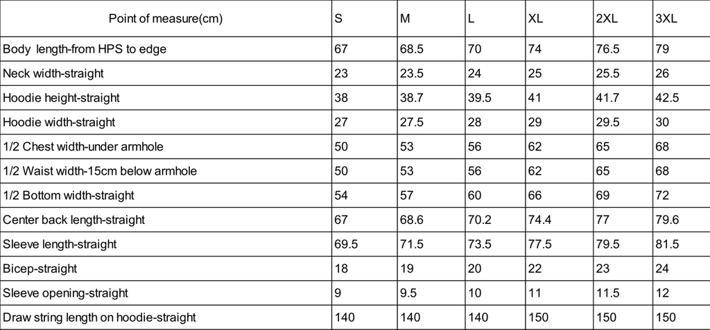 White chart with black lettering reading sizes small to 3XL. 