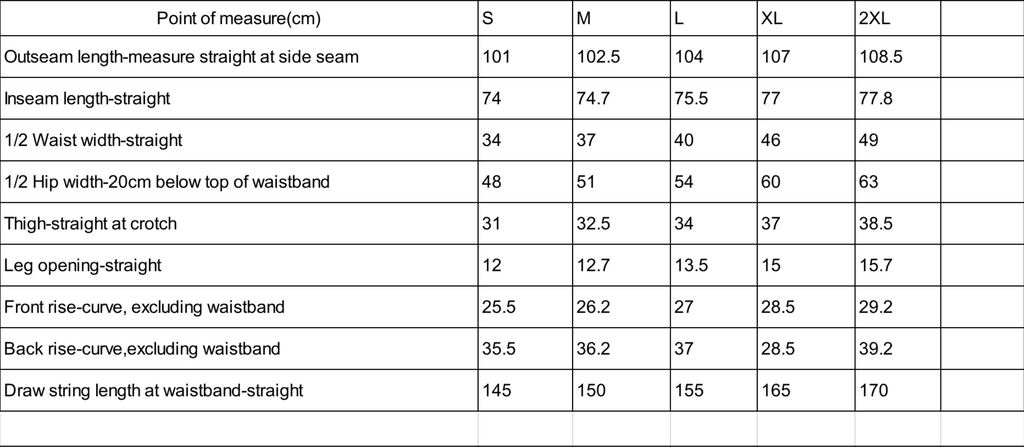 White size chart with black lettering reading sizes small to 2XL in centimeters.