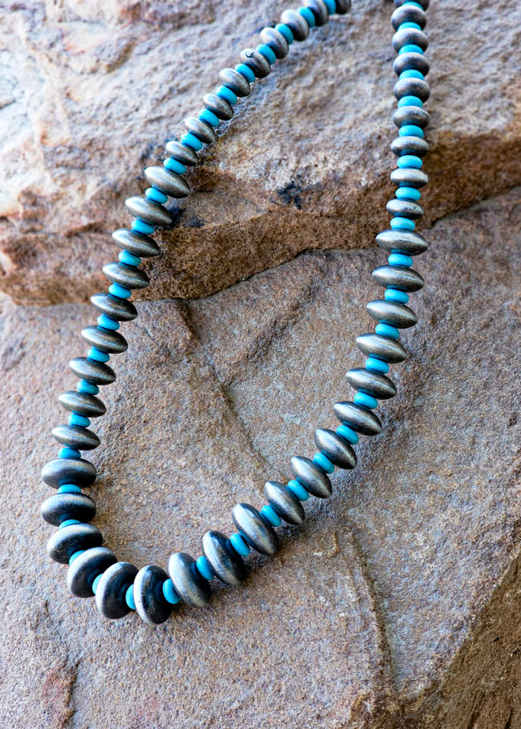 Silver & Turquoise Pearl Beaded Single Strand Necklace Earrings Blue Tortoise