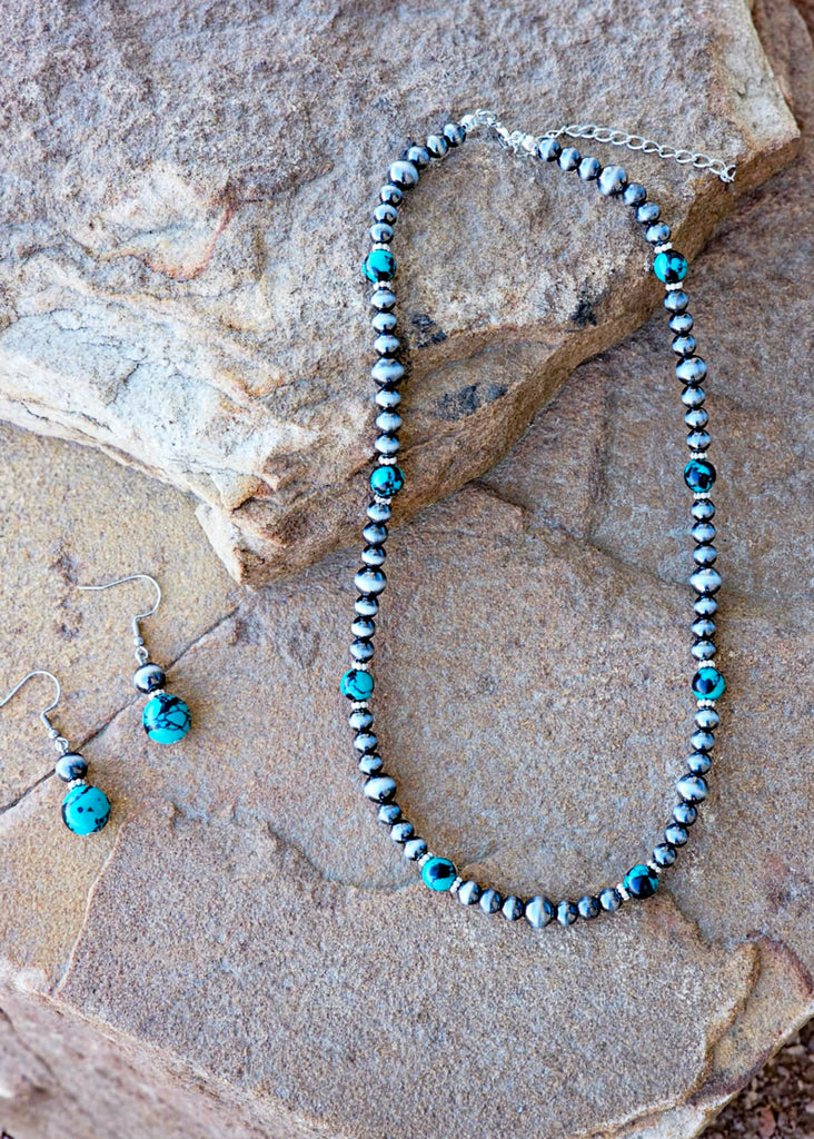 Single Strand Western Days Beaded Necklace Earrings Blue Tortoise