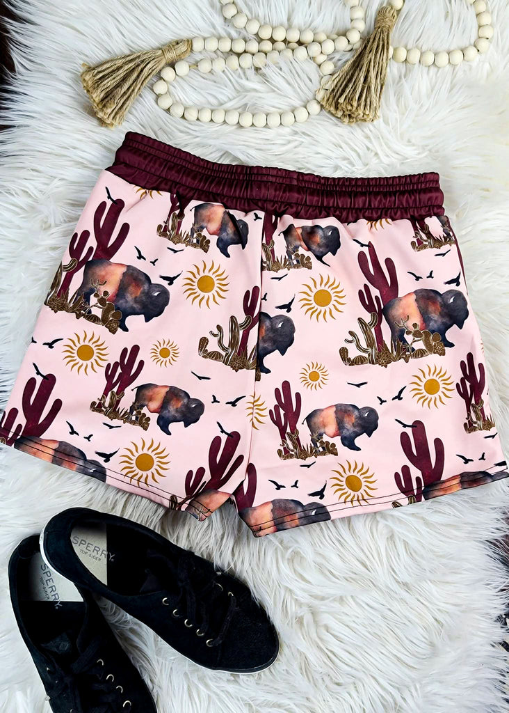 Southwestern Buffalo Drawstring Shorts drawstring shorts The Cinchy Cowgirl (YC)   