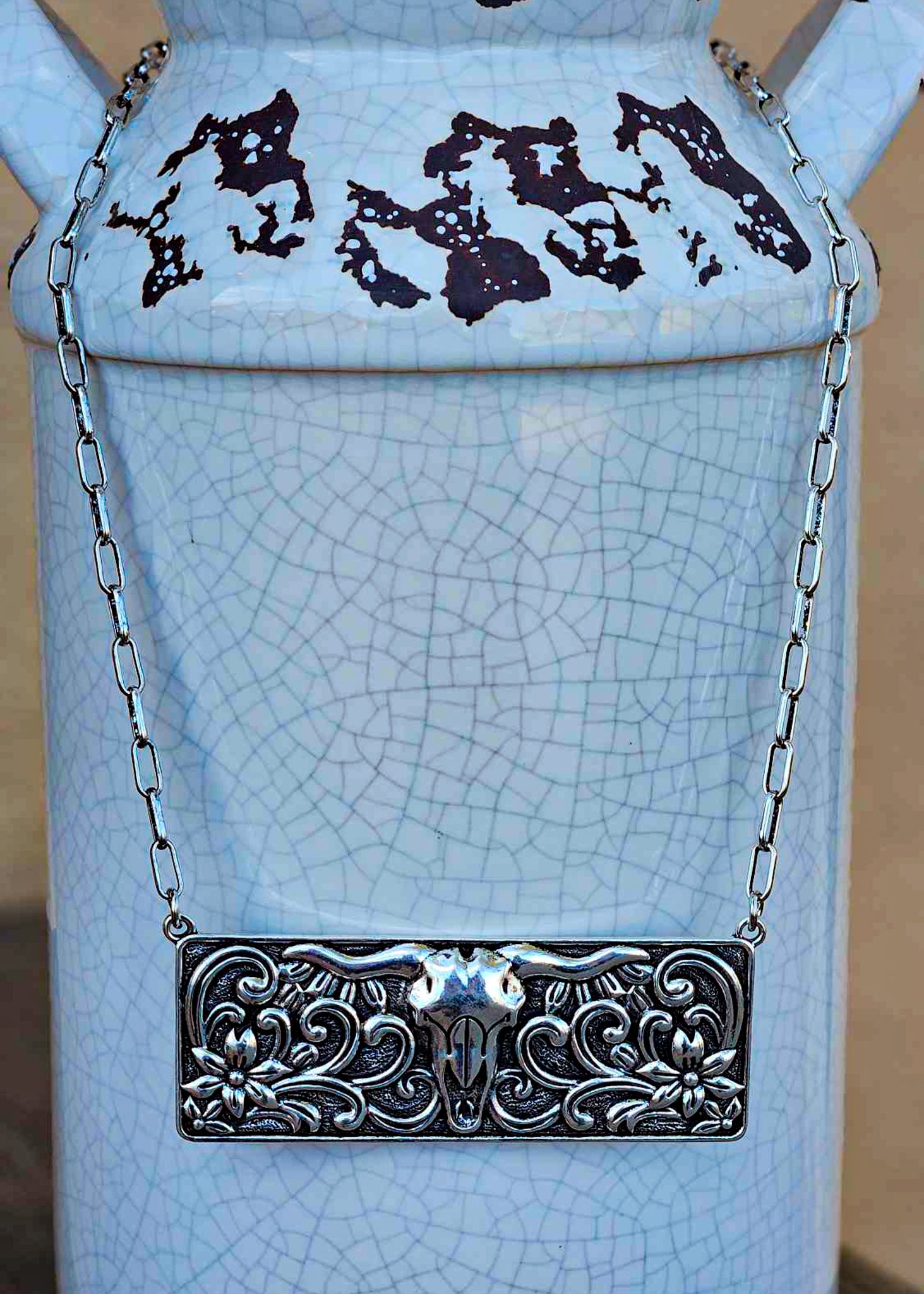 Steer Skull Metal Bar Necklace necklace Blue Tortoise