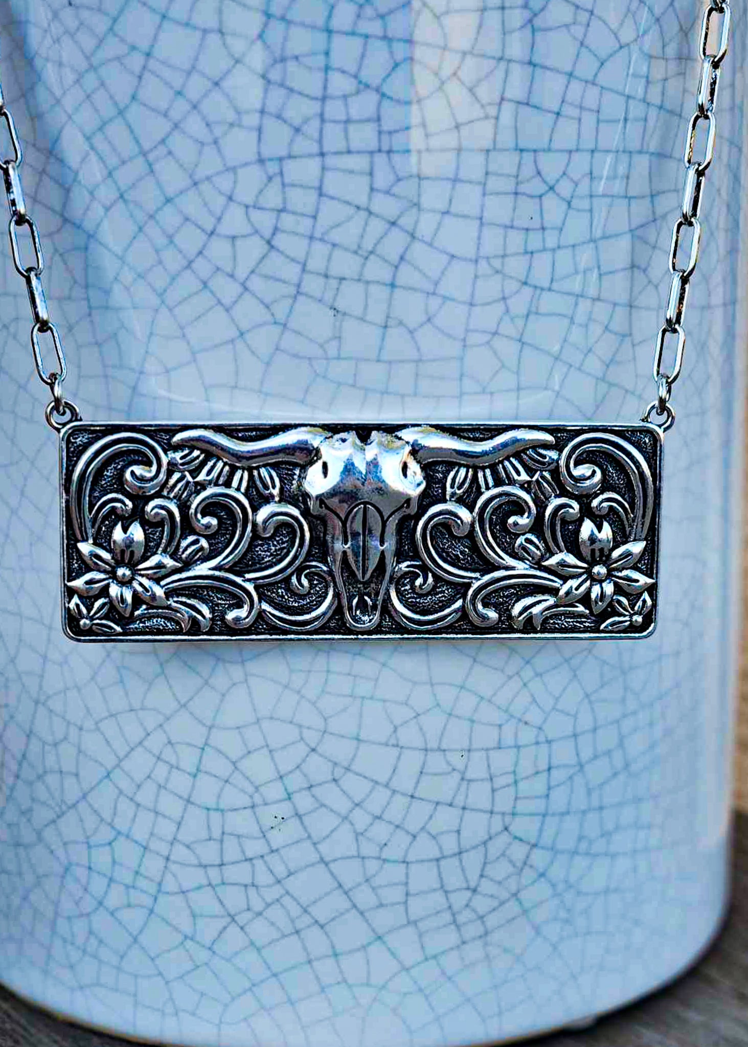 Steer Skull Metal Bar Necklace necklace Blue Tortoise