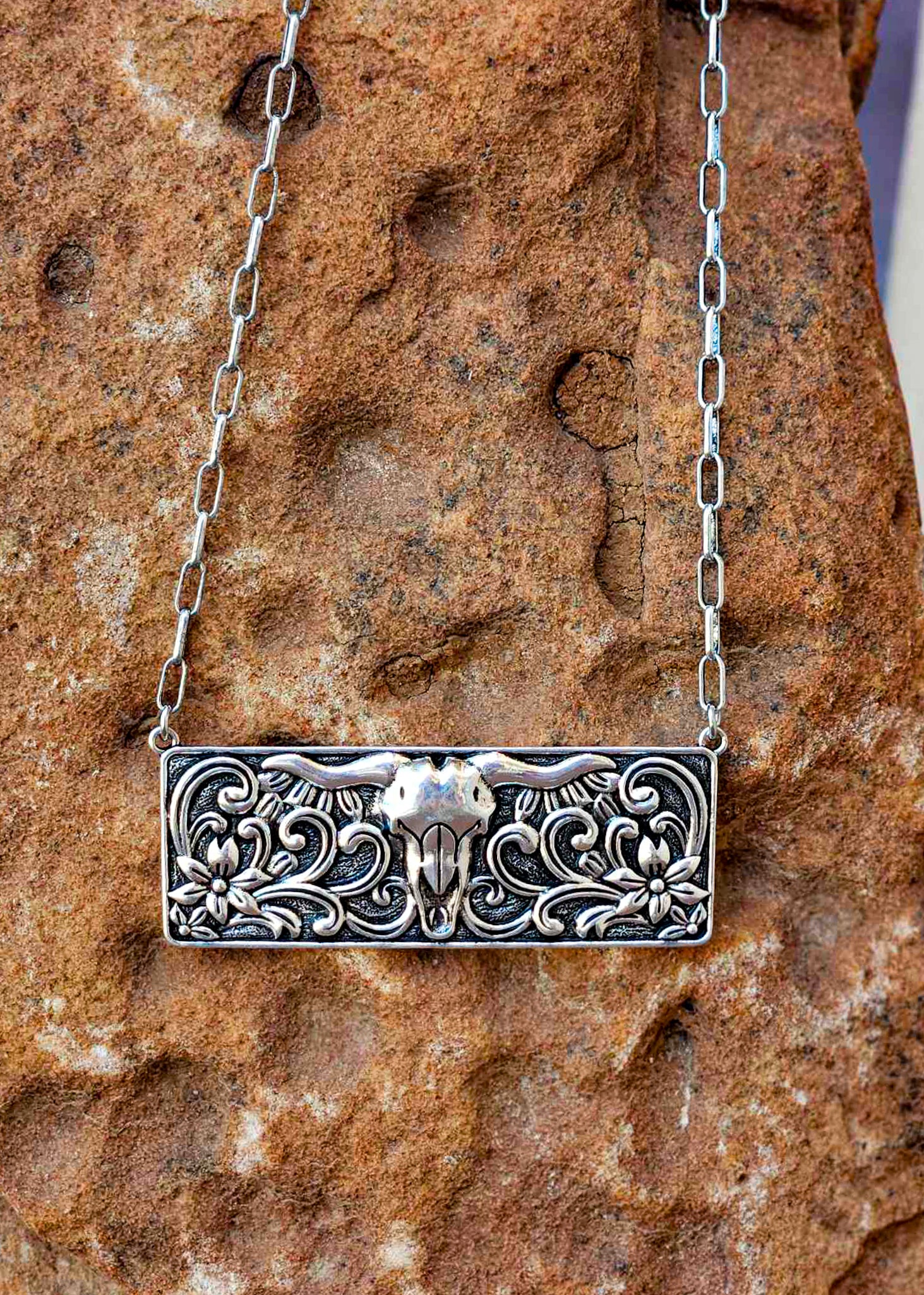 Steer Skull Metal Bar Necklace necklace Blue Tortoise