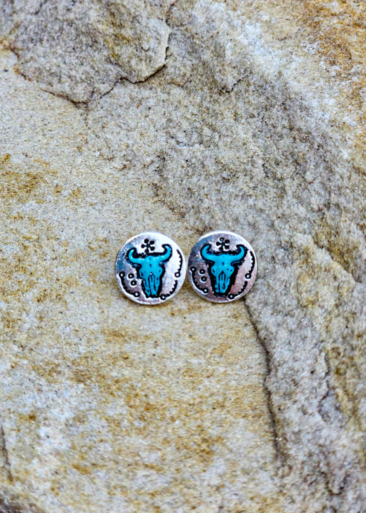 Steer Skull Stud Earrings Earrings Blue Tortoise