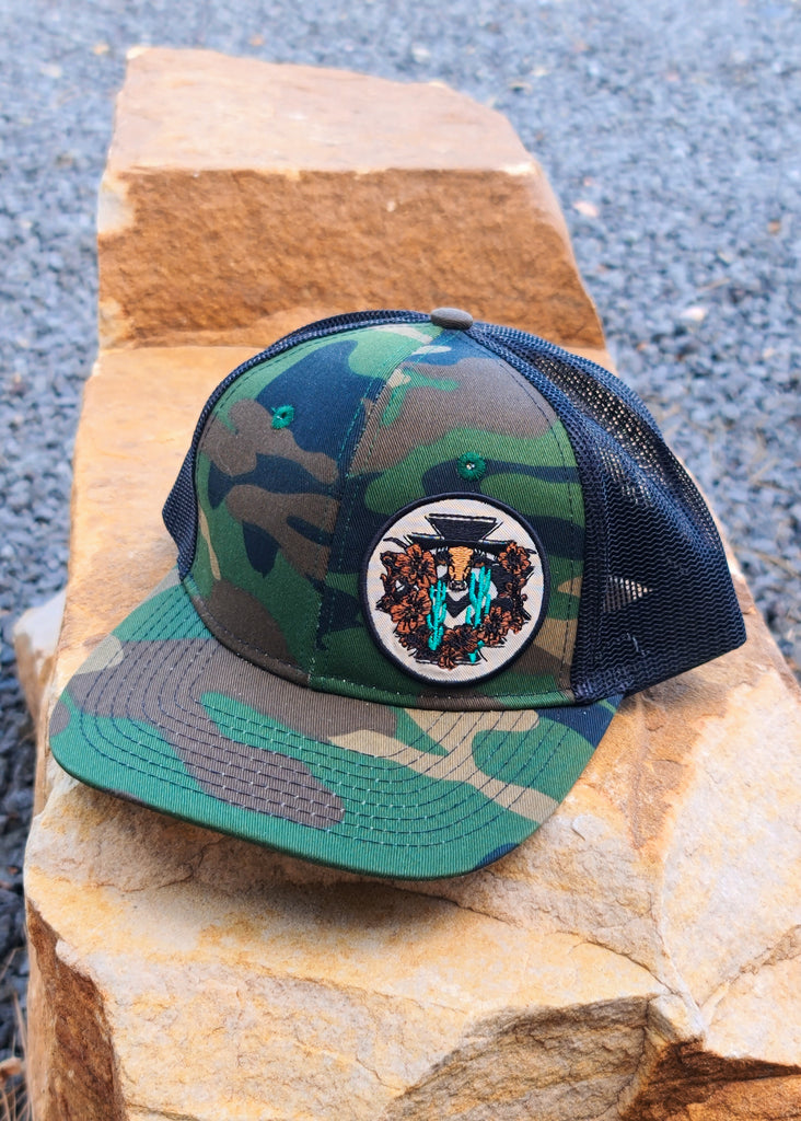Camo Circle Steer Skull Patch Snapback Trucker Hat trucker cap The Cinchy Cowgirl