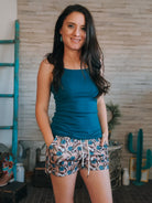 Taupe & Blue Hereford Drawstring Shorts  The Cinchy Cowgirl (YC)   