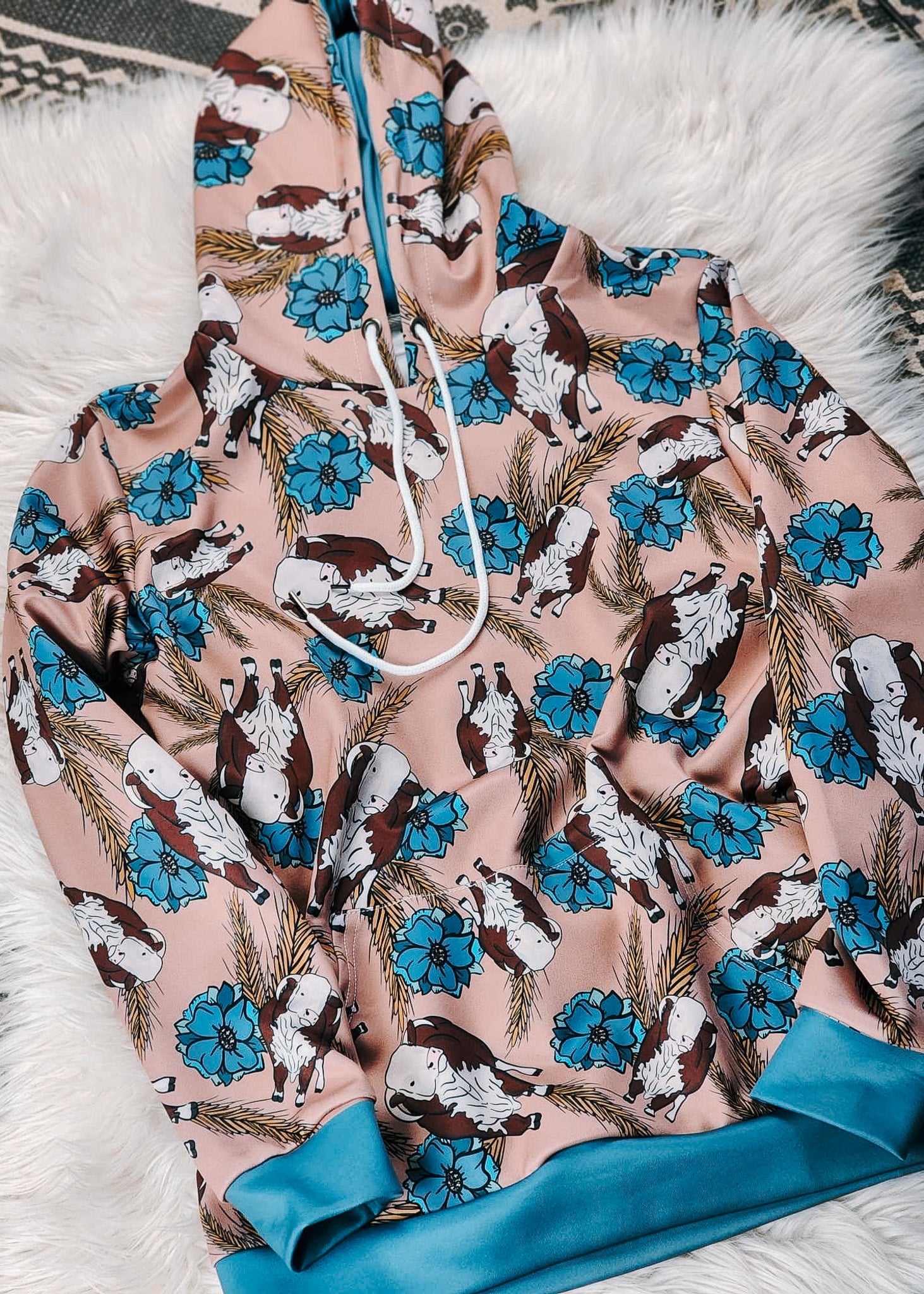 Taupe & Blue Hereford Hoodie Hoodie The Cinchy Cowgirl (YC)   