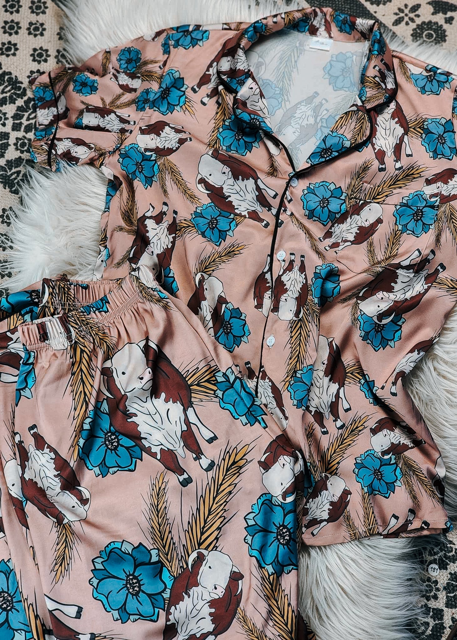 Taupe & Blue Hereford Silky Pajamas - Pants  The Cinchy Cowgirl (YC)   