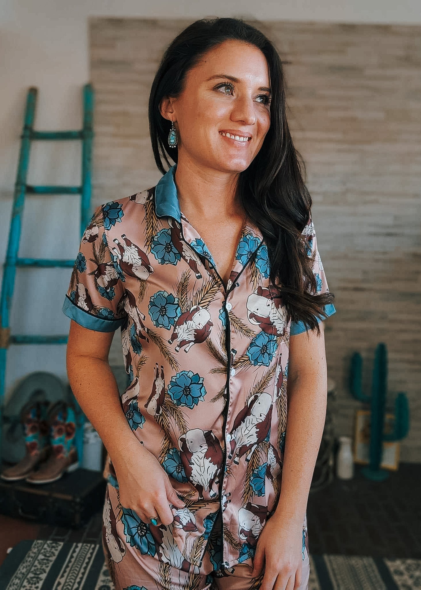 Taupe & Blue Hereford Silky Pajamas - Pants  The Cinchy Cowgirl (YC)   