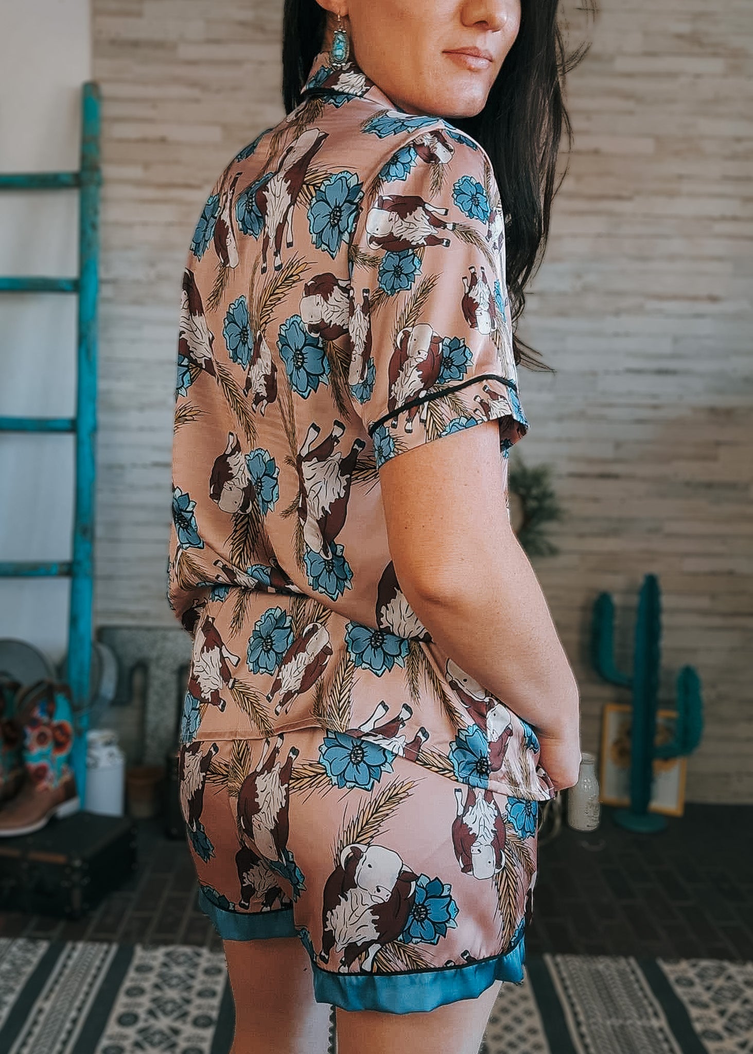 Taupe & Blue Hereford Silky Pajamas - Shorts silky pajamas - shorts The Cinchy Cowgirl (YC)
