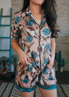 Taupe & Blue Hereford Silky Pajamas - Shorts silky pajamas - shorts The Cinchy Cowgirl (YC) S