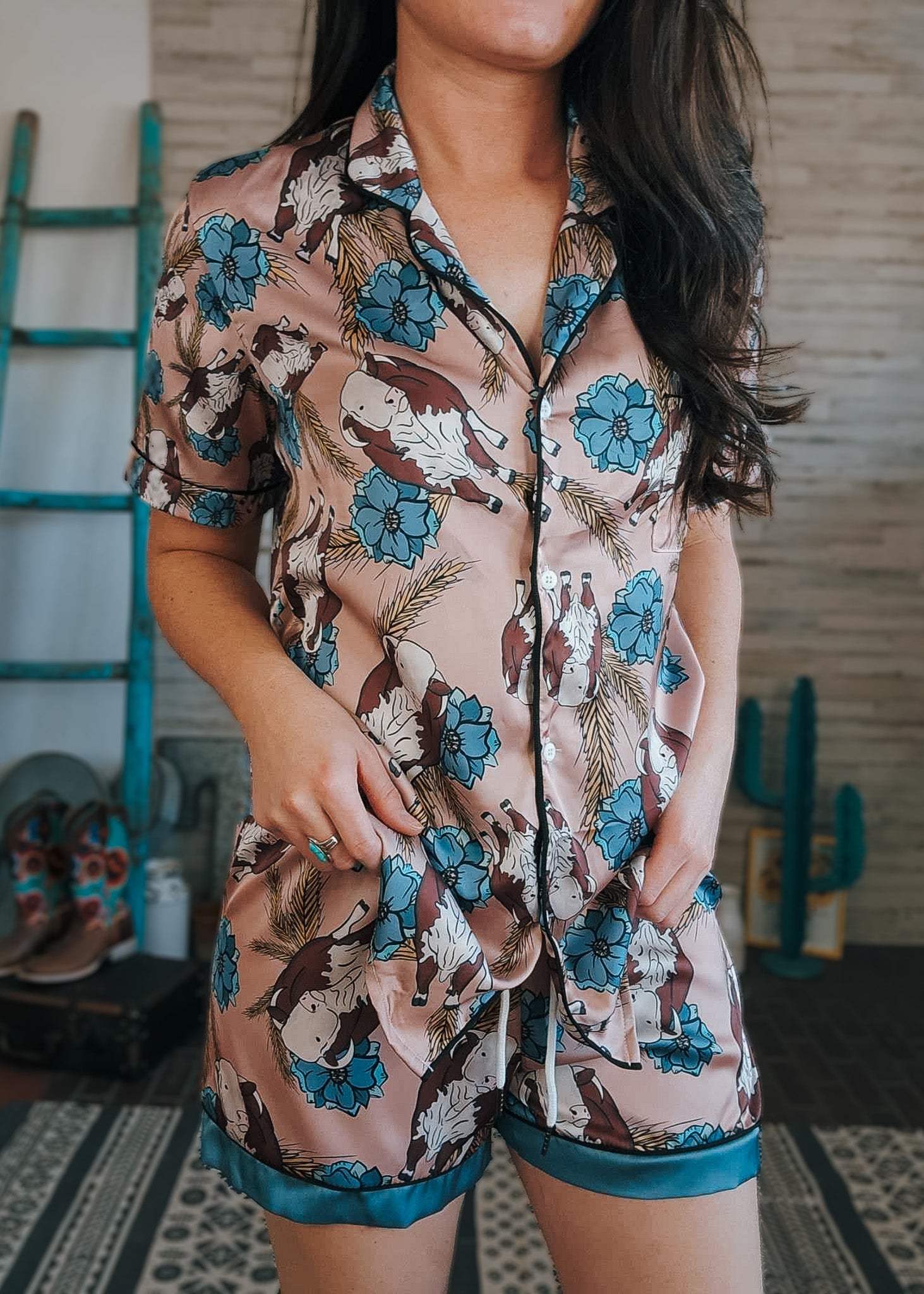 Taupe & Blue Hereford Silky Pajamas - Shorts silky pajamas - shorts The Cinchy Cowgirl (YC) S