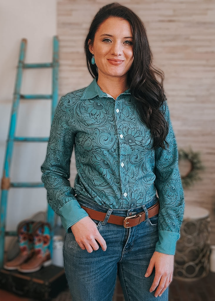 Teal Floral Long Sleeve Button Down YC Long Sleeve Button Down The Cinchy Cowgirl (YC) XS  
