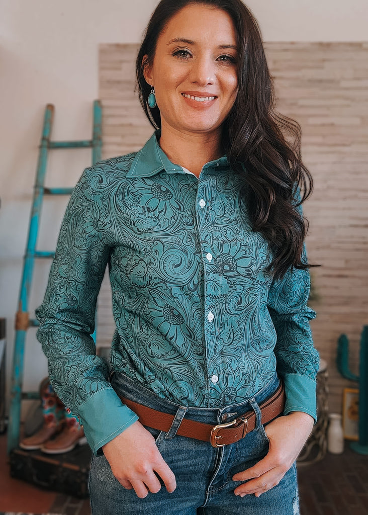 Teal Floral Long Sleeve Button Down YC Long Sleeve Button Down The Cinchy Cowgirl (YC)   