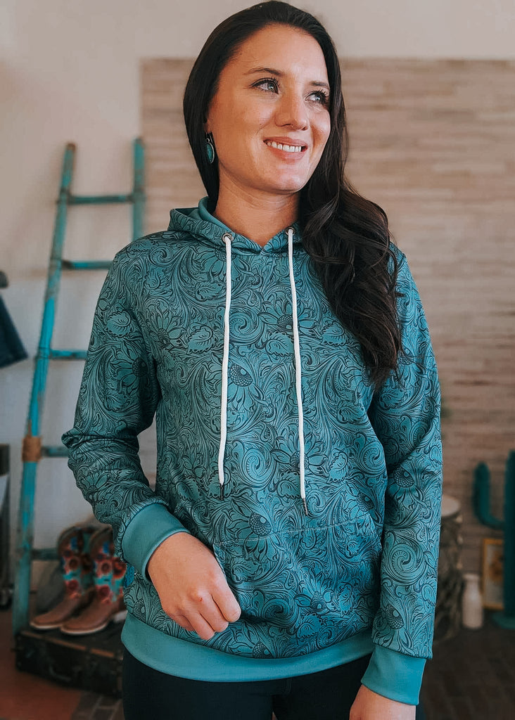 Teal Floral Tooled Hoodie Women's Pullover Hoodie With Drawstring The Cinchy Cowgirl (YC) S  