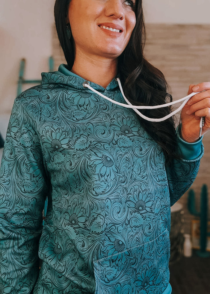 Teal Floral Tooled Hoodie Women's Pullover Hoodie With Drawstring The Cinchy Cowgirl (YC)   